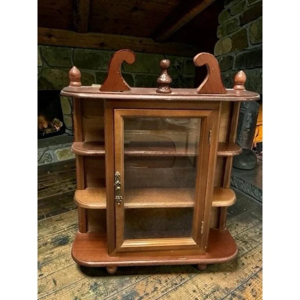 Vintage Curio Wood Cabinet With Glass Door Knick Knack Shelf Trinket Holder